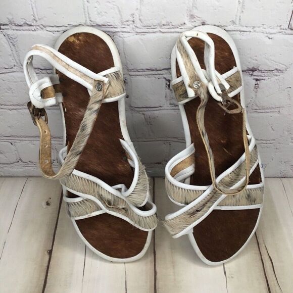 NWOT Handmade Unisex Brown/Tan Real Fur Boho Festival Sandals Size 44/M10/ W12 - Picture 6 of 12